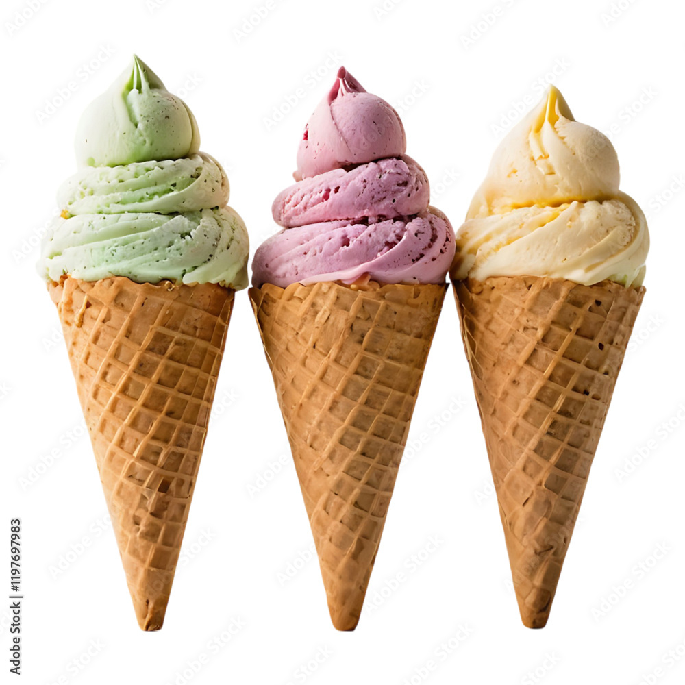 Classic waffle cones with colorful scoops of ice cream. Classic waffle cones with colorful scoops of ice cream.