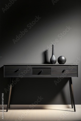 Stylish console table with decorative vases in modern interior setting