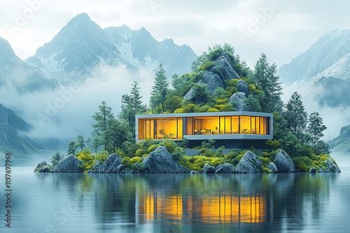 Modern architectural retreat surrounded by mountains and reflective waters at dawn