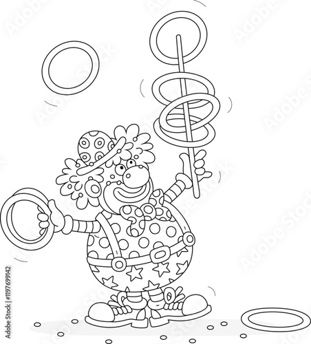 Funny red circus clown juggling with toy hoops in a fun performance, black and white vector cartoon illustration for a coloring book