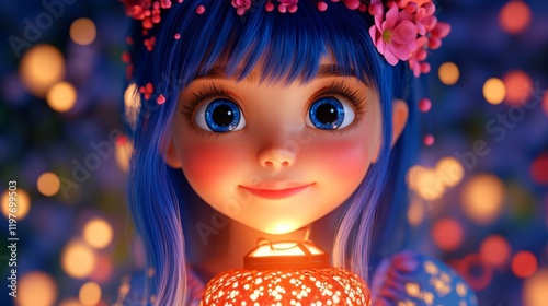 A charming cartoon girl with blue hair holding a glowing lantern. photo