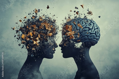 Two figures, disintegrating minds, facing each other.
