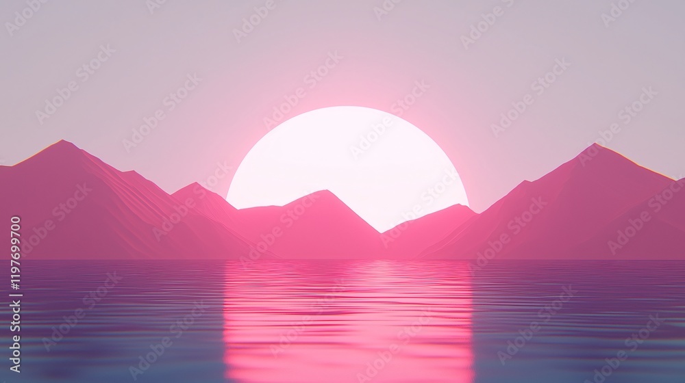 Pink sunset over calm water and mountains. Pink sunset over calm water and mountains.
