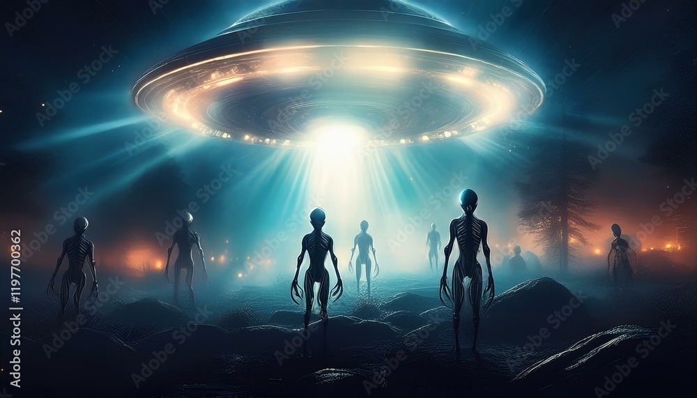 silhouettes of aliens in the light suitable as a cover or a horror scene silhouettes of aliens in the light suitable as a cover or a horror scene