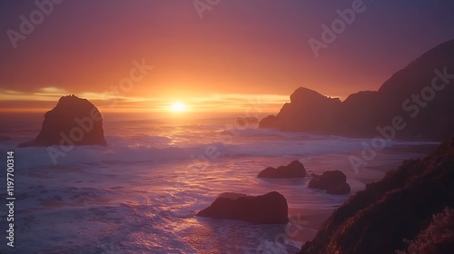 Ocean sunset rockscape; waves crashing; dramatic sky; coastal landscape; travel poster photo