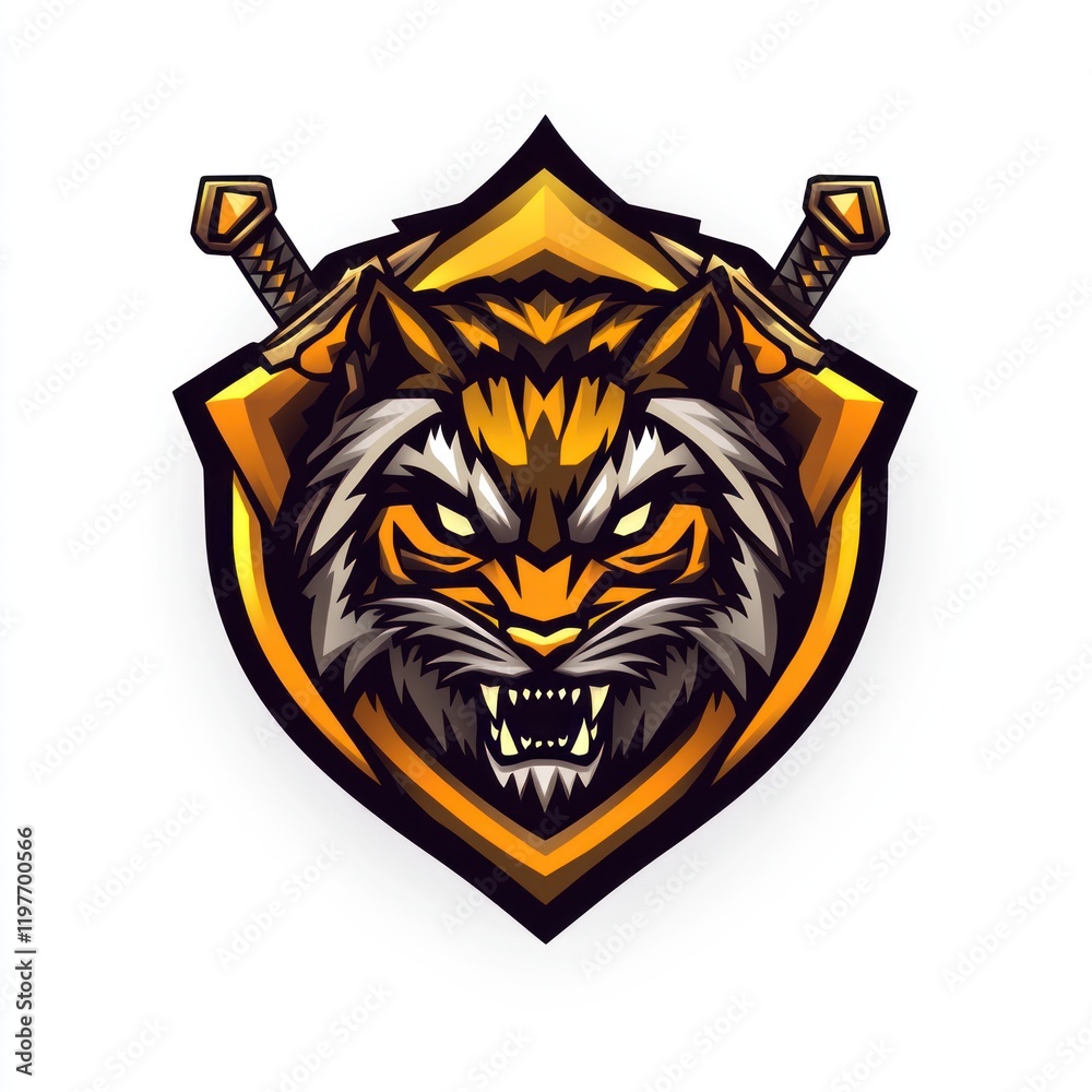 Obraz premium Fierce tiger mascot, crossed swords, golden shield, gaming logo
