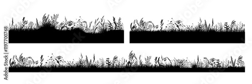 Set black grass horizontal silhouettes . hand drawing. Not AI Vector illustration.