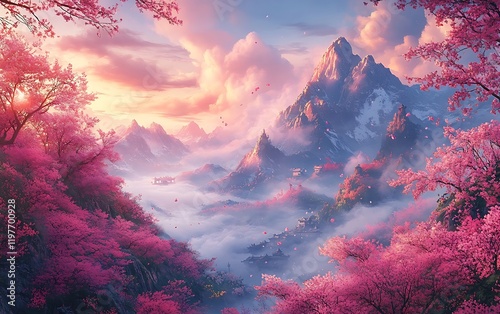 Pink Cherry Blossom Mountain Sunset Landscape