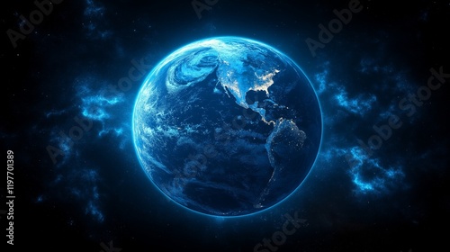 A glowing, blue, digital representation of Earth surrounded by a grid of connected lines, representing the global network of technology and communication 