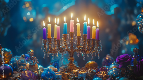 A menorah with colorful candles sits amidst glittering Christmas ornaments and a purple rose, creating a festive and magical scene. The background is blurred, enhancing the focus on the menorah. photo