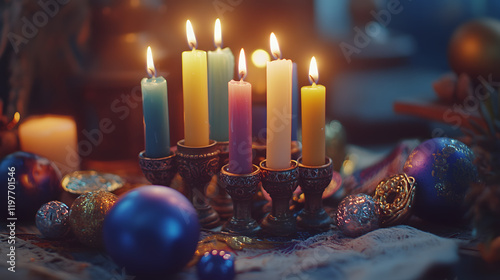 Seven colorful candles illuminate a festive scene, surrounded by ornate candle holders and sparkling Christmas ornaments. A warm, cozy ambiance fills the room. photo