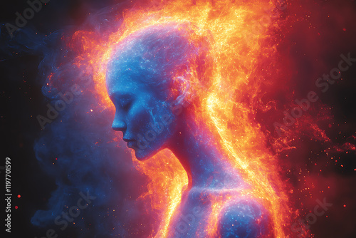 An expressive image of emotional tension in a person, featuring a figure in contrasting colors surrounded by abstract lines radiating outward