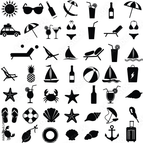 Collection of vector silhouettes of beach and summer vacation elements