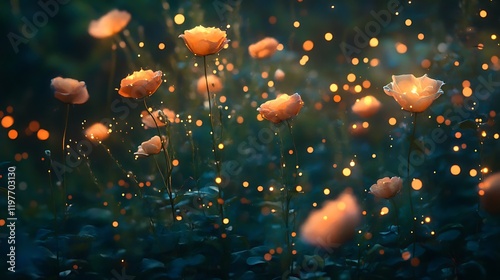 A magical garden with flowers that emit a soft, enchanting glow