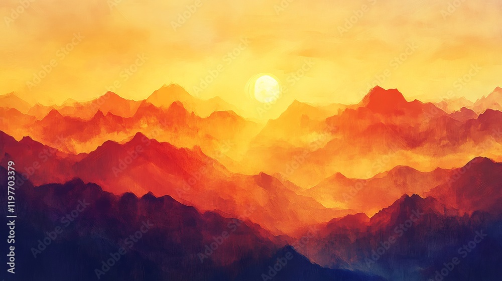 Fototapeta premium Fiery sunset paints majestic mountains warm orange hues. AI Generated