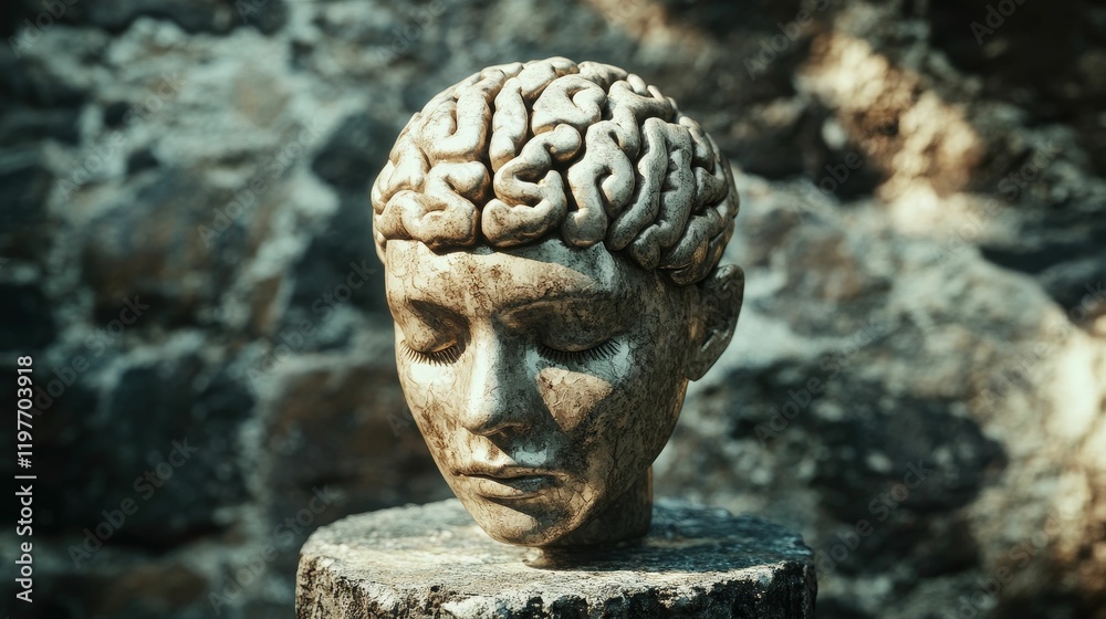 Serene head sculpture; exposed brain, stone base.