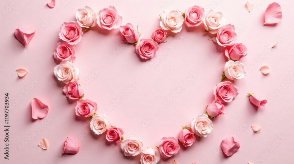 A Delicate Pink Rose Heart Shape Arrangement with Scattered Petals on a Soft Pink Background A Delicate Pink Rose Heart Shape Arrangement with Scattered Petals on a Soft Pink Background
