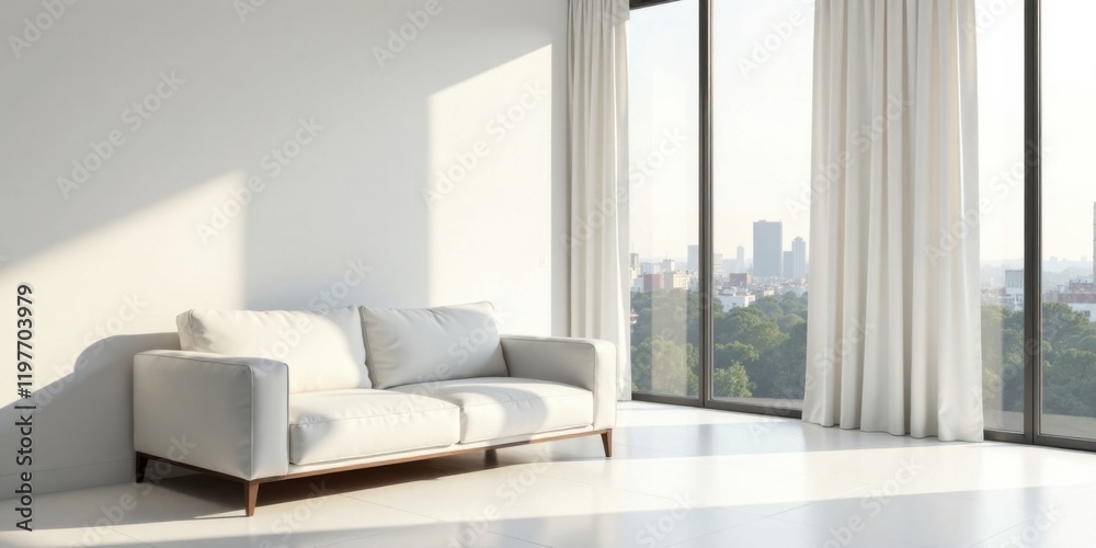 Fototapeta premium Modern Minimalist Living Room Interior Design with Sunlight Streaming Through Floor-to-Ceiling Windows and White Curtains