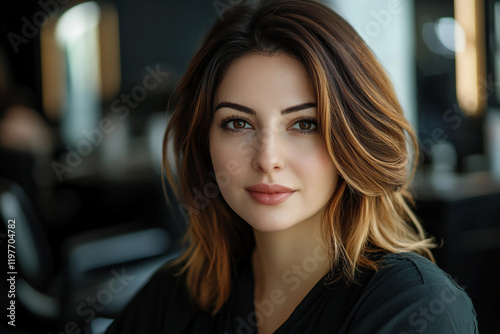 A woman sits in a salon chair while a stylist cuts her hair made with generative ai