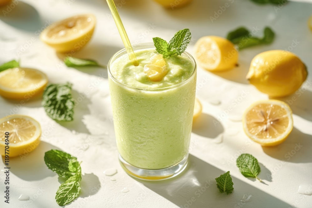 Refreshing green smoothie made with lemon, avocado, and mint. Refreshing green smoothie made with lemon, avocado, and mint.