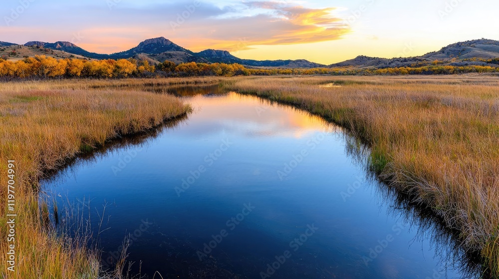 Fototapeta premium Autumn sunset over calm river, golden grasses, distant hills. Peaceful nature scene for travel brochures