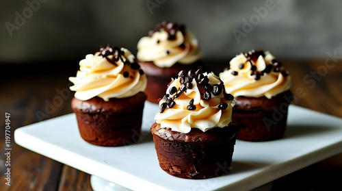 Delicious Chocolate Cupcakes with Creamy Frosting on a Marble Stand