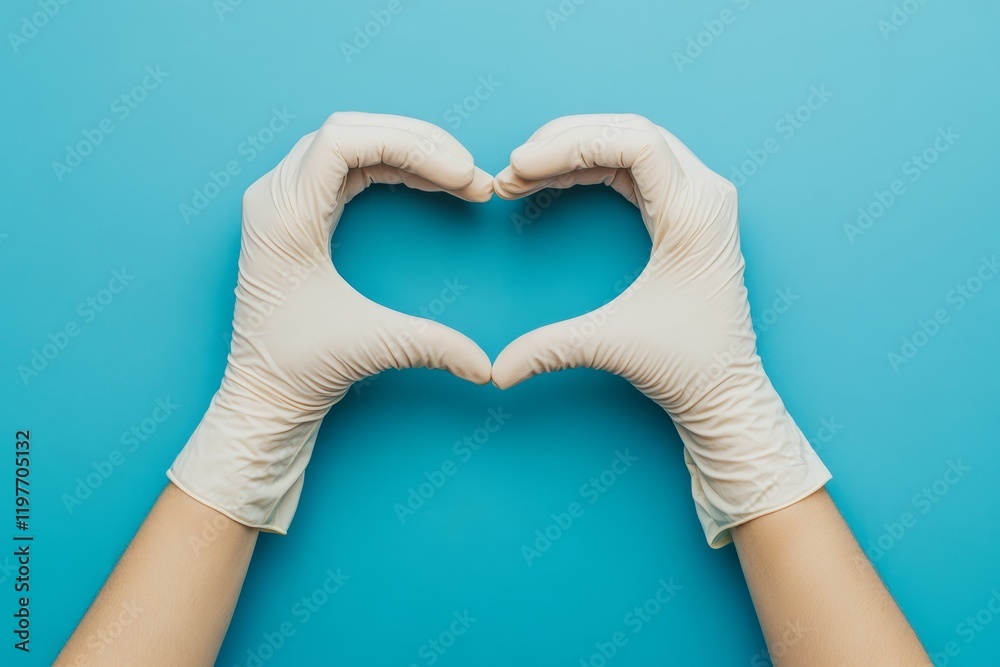 Obraz premium Doctors hands forming a heart shape on a blue background to symbolize care. Generative AI