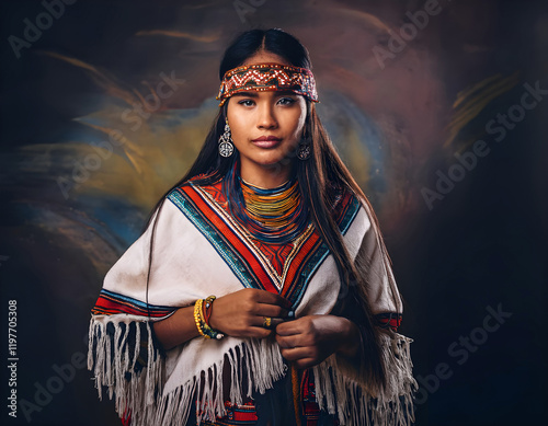 Abstract portrait of Native American woman in ethnic clothes