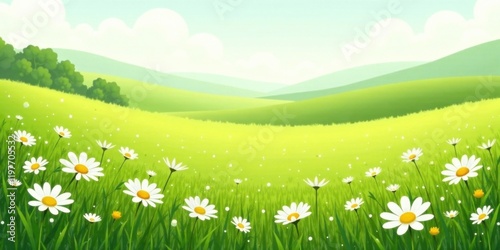 Serene Meadow Landscape Rolling Hills and Daisies in a Sunny Spring Day