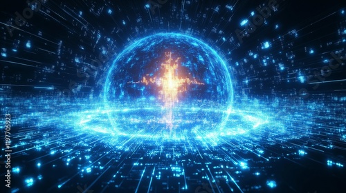 Wallpaper Mural A glowing, blue, digital representation of Earth surrounded by a grid of connected lines, representing the global network of technology and communication Torontodigital.ca