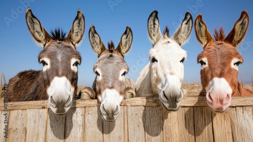 Four donkeys peek over fence, sunny day, rural landscape, funny animal photo for websites or greeting cards
