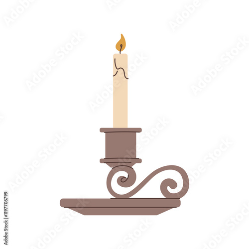 Set of vintage candlesticks with lit candles in different designs. Flat vector illustration isolated on a white background. Antique decor and lighting concept