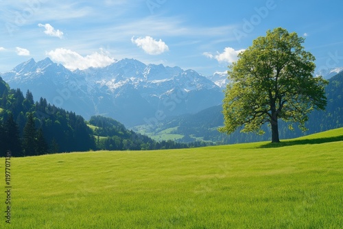 Vibrant green meadow under a clear blue sky with mountains in the distance, perfect for text placement and mock up designs. Generative AI