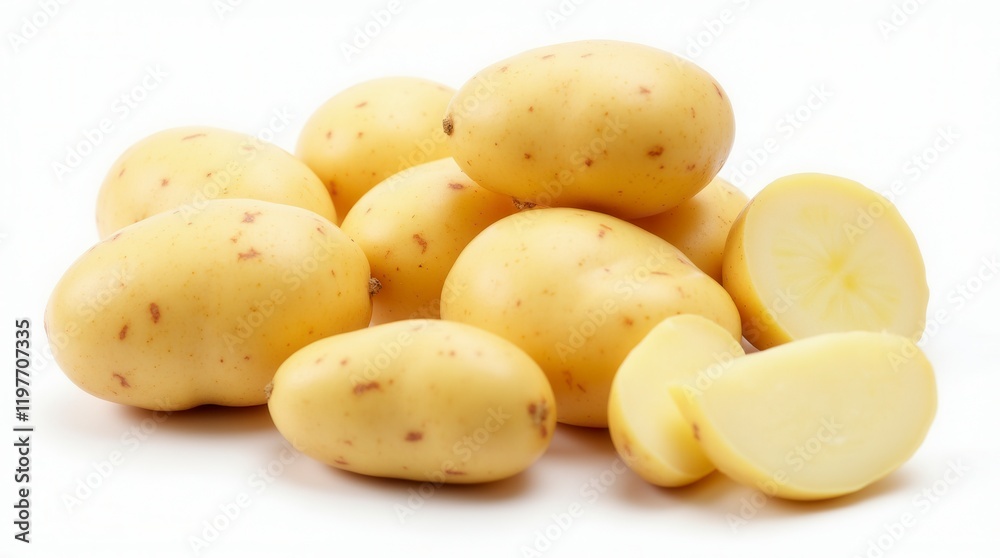 Potato Potatoes Vegetable, Many Angles And View Side Top Front Cluster Group Slice Cut Isolated On White Background Potato Potatoes Vegetable, Many Angles And View Side Top Front Cluster Group Slice Cut Isolated On White Background