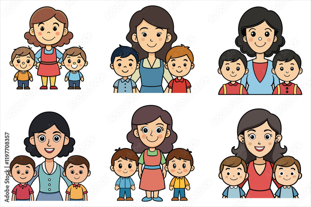 cute cartoon illustration of mother with two kids cute cartoon illustration of mother with two kids