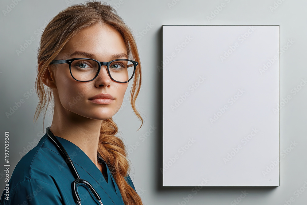 Young female healthcare professional with glasses and a stethoscope against a blank wall Young female healthcare professional with glasses and a stethoscope against a blank wall