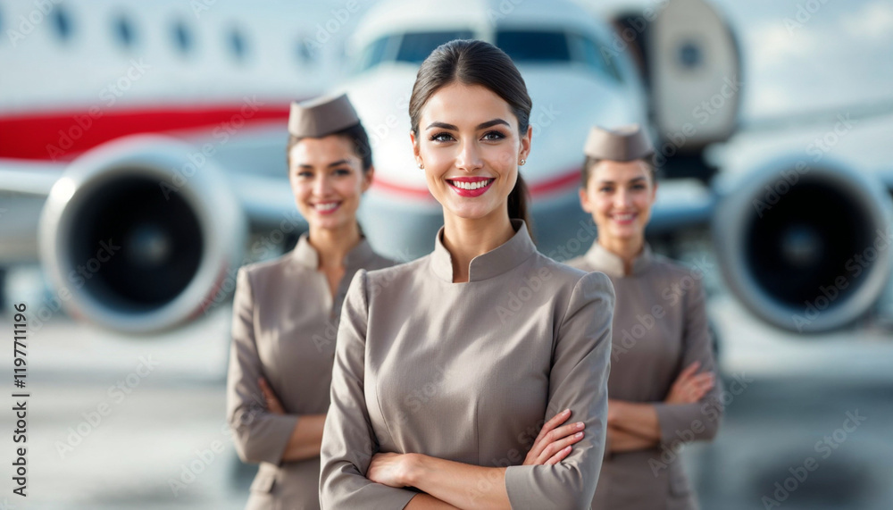 Flight attendants in uniform posing gracefully before a passenger airplane, exuding charm.
Flight attendants in uniform posing gracefully before a passenger airplane, exuding charm.