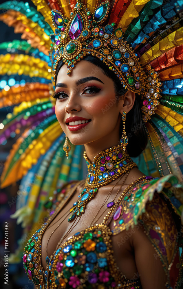 Fototapeta premium beautiful smiling Woman dancer in brazilian Carnival Rio de Janeiro, samba carnival costume with colorful feathers plumage.