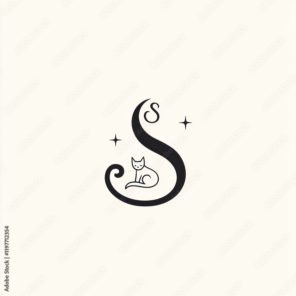 Stylized S with Cat, minimal design on light background. Use logo, branding, initial design, art Stylized S with Cat, minimal design on light background. Use logo, branding, initial design, art