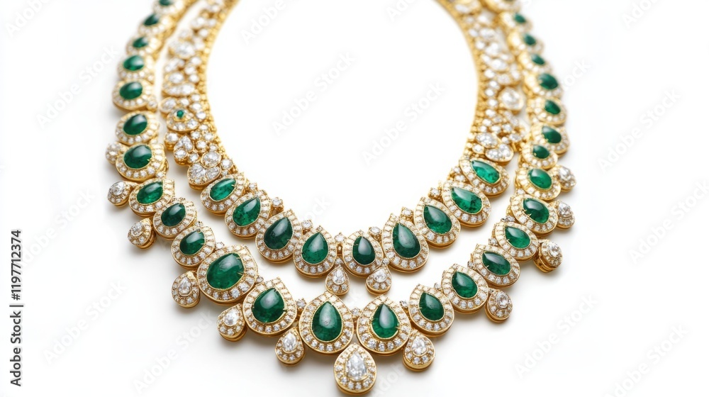 Three-strand necklace with alternating diamonds and emeralds, intricate design generative ai Three-strand necklace with alternating diamonds and emeralds, intricate design generative ai