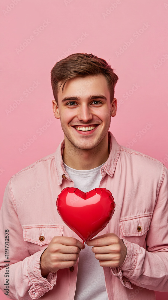 Young Caucasian man smiling while holding a heart-shaped balloon, concept of love and happiness, positive emotions. Vertical Young Caucasian man smiling while holding a heart-shaped balloon, concept of love and happiness, positive emotions. Vertical