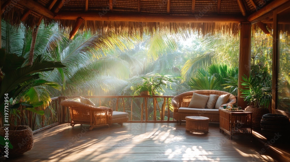 Fototapeta premium Tropical porch with bamboo furniture, palm trees and thatched roof generative ai