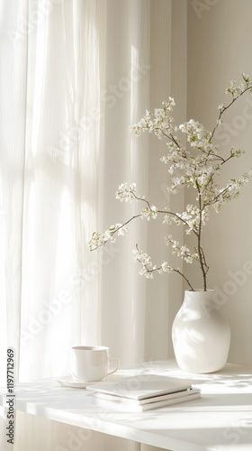 Tranquil desktop workspace with neutraltone decor home office still life bright environment cozy viewpoint photo