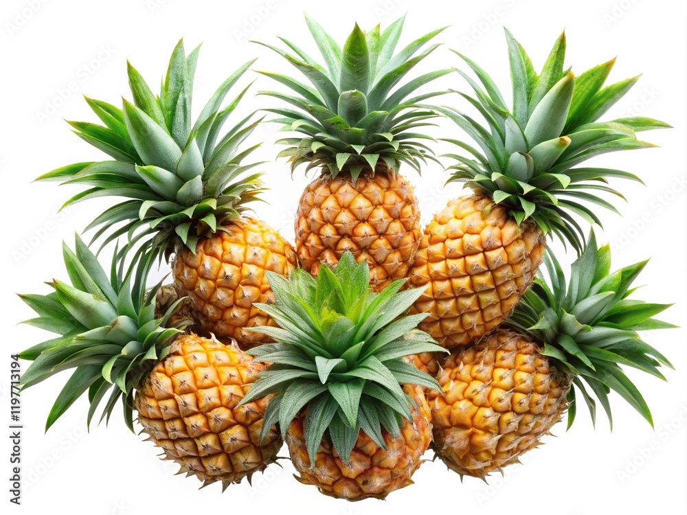 Bunch of fresh pineapples in a cluster - A bunch of ripe pineapples with spiky green tops grouped together, emphasizing tropical abundance, natural freshness, and juicy flavor.
Bunch of fresh pineapples in a cluster - A bunch of ripe pineapples with spiky green tops grouped together, emphasizing tropical abundance, natural freshness, and juicy flavor.