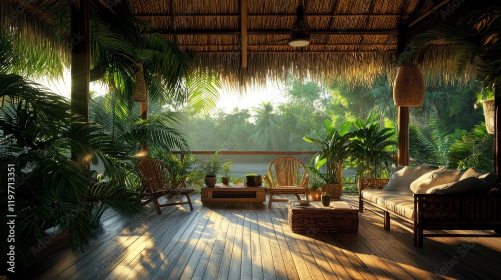 Fototapeta premium Tropical porch with bamboo furniture, palm trees and thatched roof generative ai