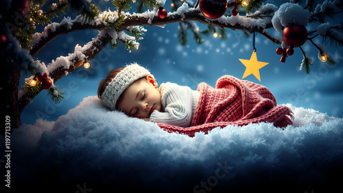 Ritratto di Natale sereno di un neonato: bambino che dorme sotto un albero festivo con decorazioni e neve. photo