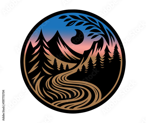 Circular landscape emblem, silhouette of pine forest, iconic badge design for t-shirt
