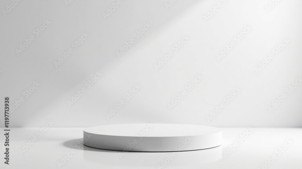 Clean Minimalist White Circular Pedestal Display Platform in a Bright Studio Setting Clean Minimalist White Circular Pedestal Display Platform in a Bright Studio Setting