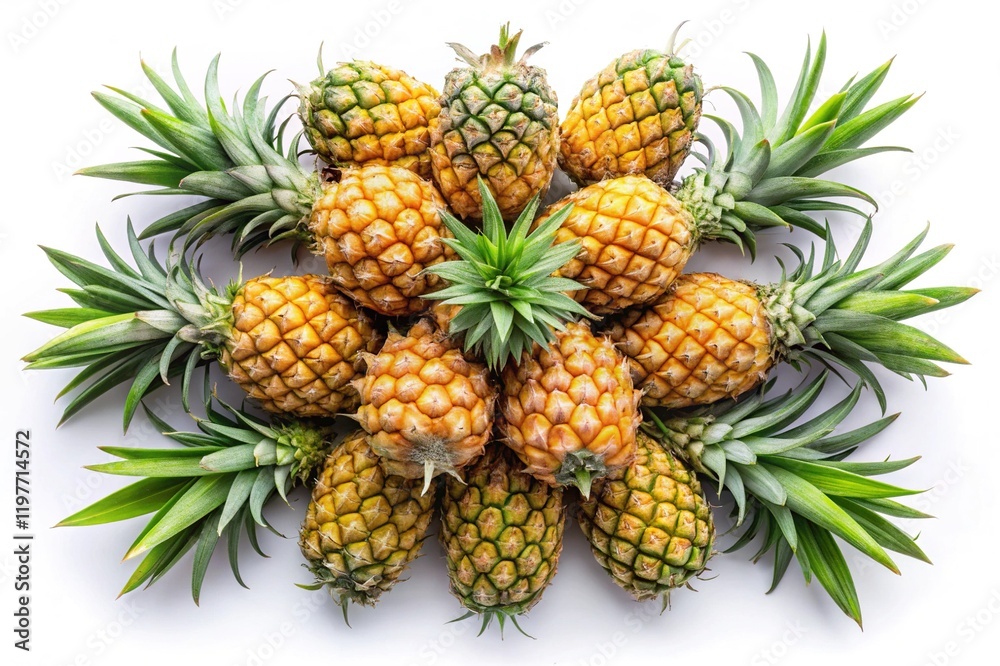 Fresh Pineapples Arranged on White Background - A vibrant display of ripe pineapples with green leaves, creatively arranged on a white background for a tropical, fresh look.
Fresh Pineapples Arranged on White Background - A vibrant display of ripe pineapples with green leaves, creatively arranged on a white background for a tropical, fresh look.