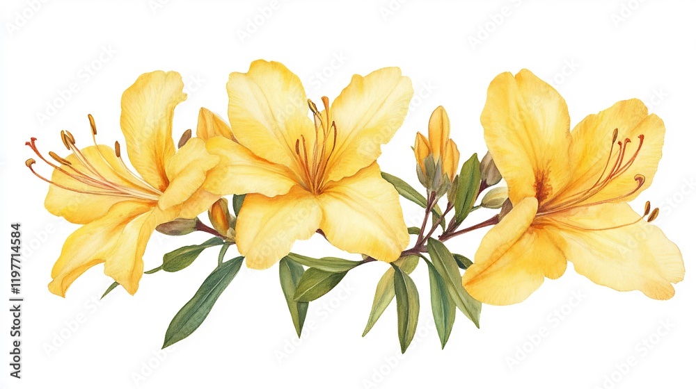 Obraz premium Vibrant yellow azaleas blossom gracefully watercolor painting soft light illuminates delicate petals. AI Generated